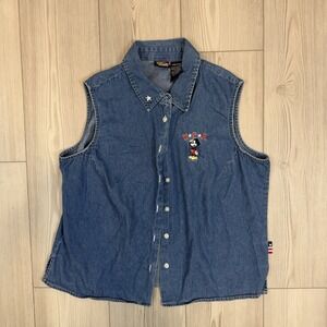 Vintage Mickey Mouse Unlimited Shirt Womens Large Denim Sleeveless Button USA